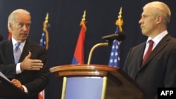 Serbian President Boris Tadic (right) and U.S. Vice President Joe Biden at a joint press conference in Belgrade on May 20.