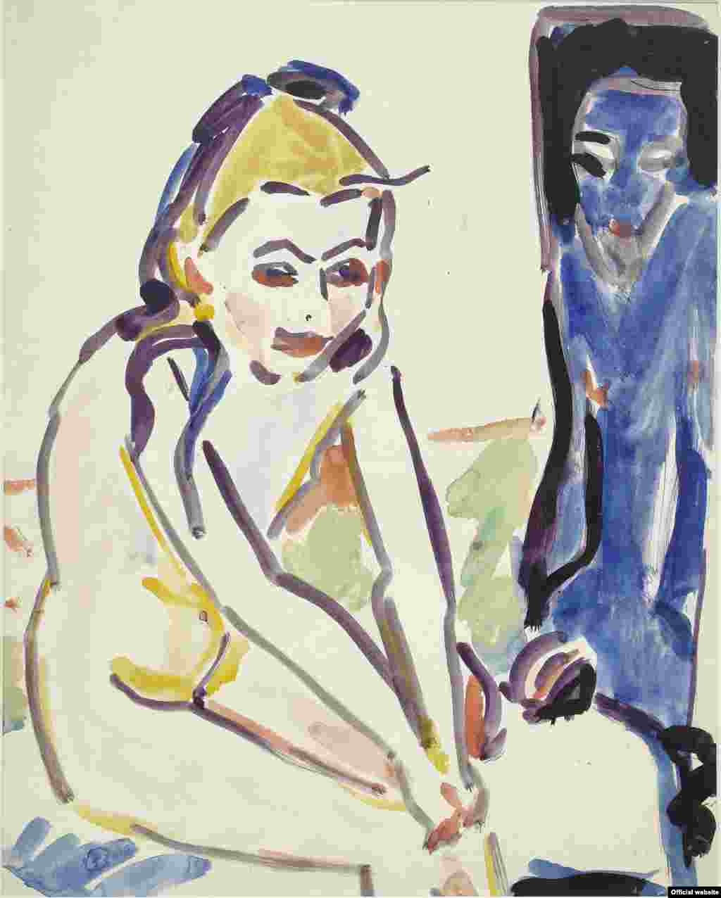 Ernst Ludwig Kirchner, Fraenzi lîngă un scaun sculptat, 1910