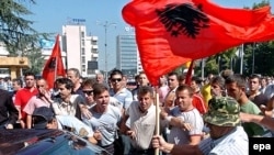 Supporters of the Democratic Union for Integration, Macedonia's largest ethnic Albanian party, protest in Skopje.