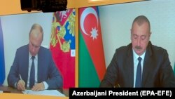 Ռուսաստանի և Ադրբեջանի նախագահները ստորագրում են եռակողմ հայտարարությունը, 9-ը նոյեմբերի, 2020թ․