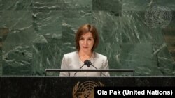 Maia Sandu, președinta Republicii Moldova, la cea de-a 76-a sesiune a Adunării Generale a Națiunilor Unite, New York.