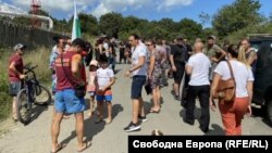 Protests rallied in a park near the public beach.