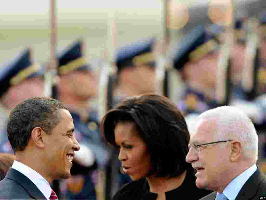 Obama and his wife, Michelle, with Czech President Vaclav Klaus on their arrival in Prague on April 4. - The fall of the Czech government in late March dealt a blow to the country's current EU presidency and left President Klaus -- who revels in his contrarian views on global warming, the EU, and what to do about the economic crisis -- calling many of the shots in Prague.