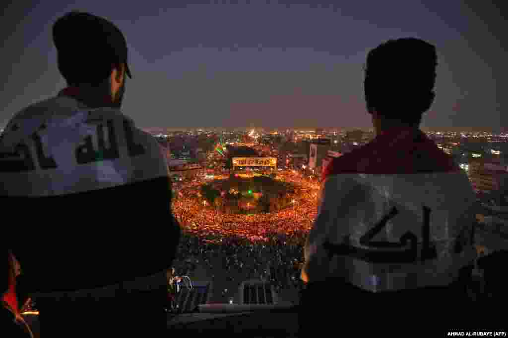 Iraqi protesters gather at Tahrir Square during ongoing anti-government demonstrations in the capital, Baghdad. (AFP/Ahmad Al-Rubaye)