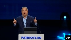 Hungarian Prime Minister Viktor Orban speaks in Madrid on February 8.