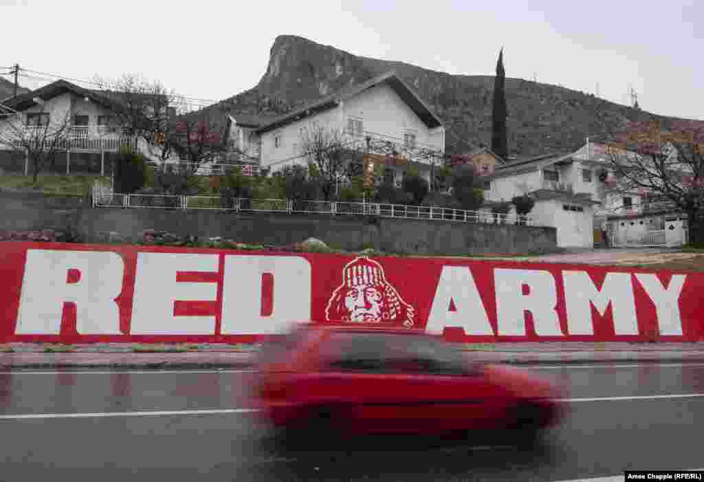 One of several murals on the Bosniak side of Mostar to the “Red Army” -- hard-core supporters of the mostly Bosniak Velez Mostar soccer team. 