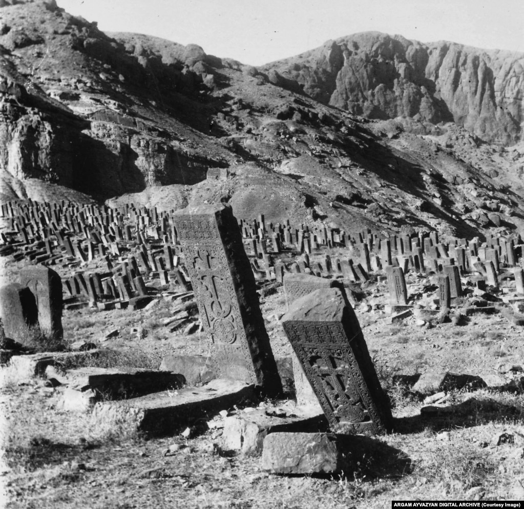 The Armenian cemetery of Julfa. This is one of several photographs of the ancient cemetery that were taken by Aram Vruyr while on assignment for Christian East magazine in 1915.