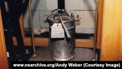 A container filled with highly enriched uranium in a factory in Kazakhstan in 1994. 