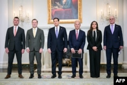 (Left to right) US State Department Counselor Michael Needham, US Ambassador to the UN Mike Waltz, US Secretary of State Marco Rubio, US Ambassador to Lebanon Michel Issa, Lebanese Ambassador to the US Nada Hamadeh Moawad, and Israeli Ambassador to the US Yechiel Leiter pose for a photo ahead of a meeting in Washington on April 14.