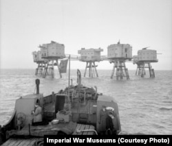 A Maunsell sea fort in the Thames Estuary seen from an approaching supply boat in November 1943.