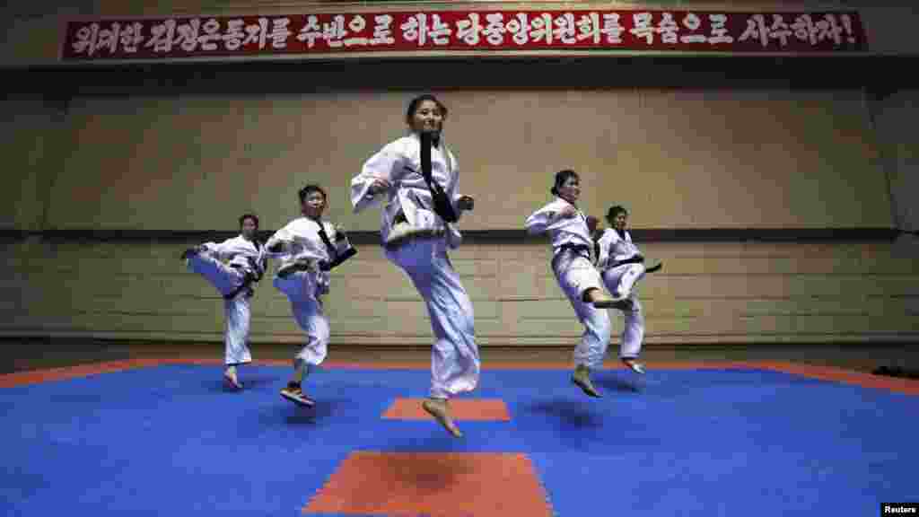 Girls train in a Taekwondo Hall in Pyongyang, North Korea, on April 12. (Reuters/Bobby Yip)