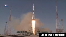 The Soyuz spacecraft blasts off to the International Space Station from the Baikonur Cosmodrome on April 9.