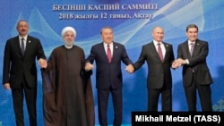 Presidents of the five Caspian Sea counties in their summit meeting in August 2018. File photo
