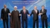 Left to right: Azerbaijani President Ilham Aliyev, Iranian President Hassan Rohani, Kazakh President Nursultan Nazarbaev, Russian President Vladimir Putin, and Turkmen President Gurbanguly Berdymukhammedov pose after the signing ceremony for a new convention on the status of the Caspian Sea on August 12. 