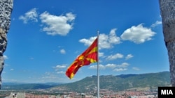 Macedonia - Macedonian flag on fortress Kale in Skopje - 8Sep2012