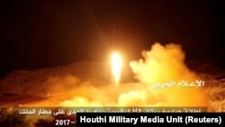 A still image taken from a video distributed by Yemen's pro-Huthi Al Masirah television station on November 5, 2017