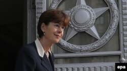 Dutch Ambassador to Russia Renee Jones-Bos leaves the Russian Foreign Ministry in Moscow on October 3.