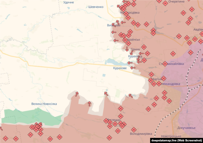 Ділянка фронту довкола Курахового, мапа проєкту DeepState станом на 30 жовтня 2024 року
