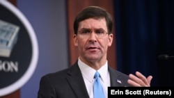 U.S. -- U.S. Defense Secretary Mark Esper addresses reporters during a media briefing at the Pentagon in Arlington, Virginia, October 11, 2019