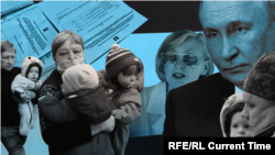 Депортация украинских детей из Херсона в аннексированный Крым и Путин. Коллаж