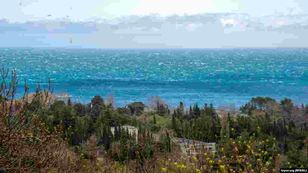 Вдалині над парком &laquo;Криму&raquo; кружляють чайки. Ліворуч видніється скелястий мис Ведмедик (Кучук-Аю), майже точна зменшена копія Аю-Дага (Ведмідь-гори)