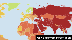 Мапа арганізацыі «Рэпартэры бязь межаў», дзе паказваецца становішча са свабодай СМІ ў сьвеце за 2024 год. Беларусь сярод найгоршых краінаў 