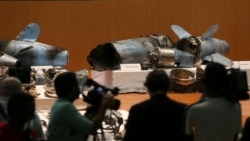 Remains of the missiles which were used to attack an Aramco oil facility, are displayed during a news conference in Riyadh, September 18, 2019