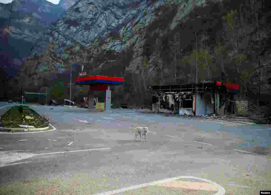 A burnt-out gas station near the Dadivank monastery in the district of Karvachar/Kalbacar. Hundreds of thousands of Azerbaijanis were forced to flee their homes in districts around Nagorno-Karabakh when Yerevan-backed Armenian separatists seized control of the territory during the early 1990s.