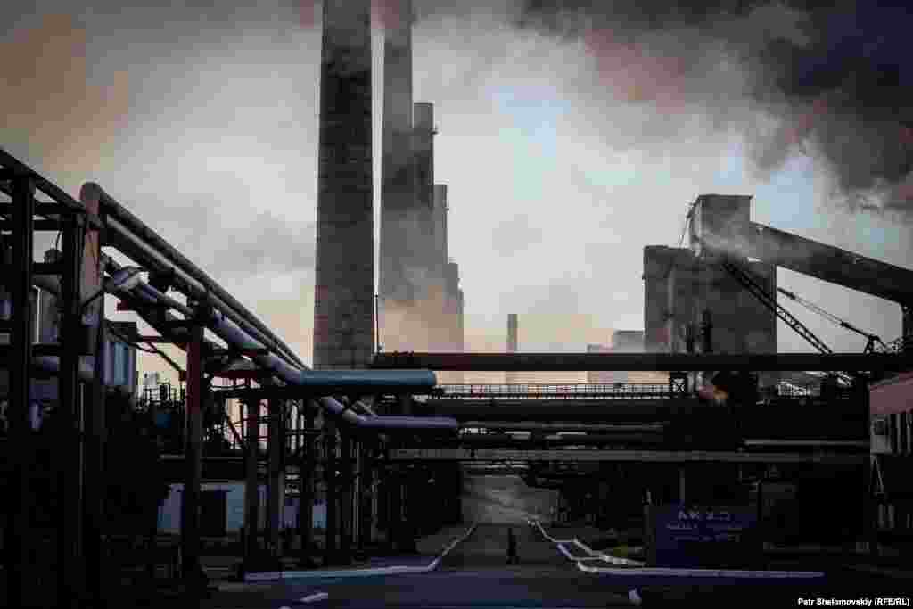 Clouds of steam rise over the Avdiyivka coke plant -- the biggest coke plant in Ukraine.