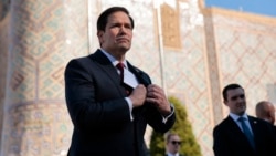 US Secretary of State Marco Rubio speaks to the press at Registan Square in Samarkand, Uzbekistan, on October 19.