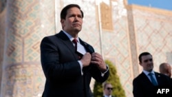 US Secretary of State Marco Rubio speaks to the press at Registan Square in Samarkand, Uzbekistan, on October 19.
