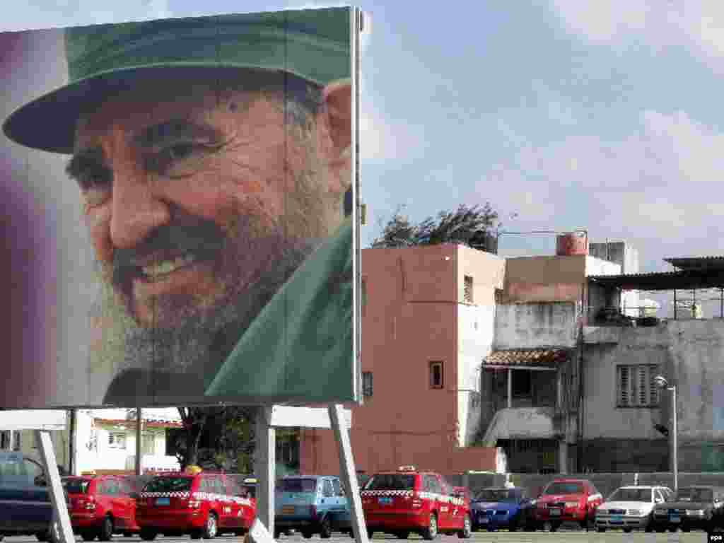 Cuba - A billboard shows the image of Cuban leader Fidel Castro in the central park of Karl Marx theatre Havana, 16Jan2007