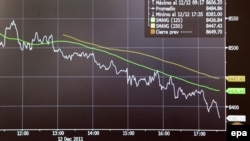 Падение индексов изображено на табло мадридской фондовой биржи