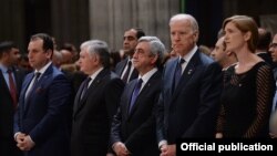 U.S. - Armenian President Serzh Sarkisian (C), U.S. Vice President Joe Biden and other officials attend an ecumenical memorial service held at Washington National Cathedral on the centenary of the Armenian genocide, May 7, 2015.