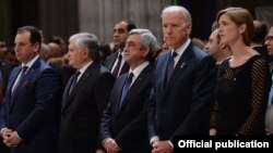 U.S. - U.S. Vice President Joseph Biden, U.S. Ambassador to UN Samantha Power, Armenian President Serzh Sarkisian and Foreign Minister Edward Nalbandian attend a ceremony at the Washington National Cathedral to mark the centennial of the Armenian genocide, 7May2015.