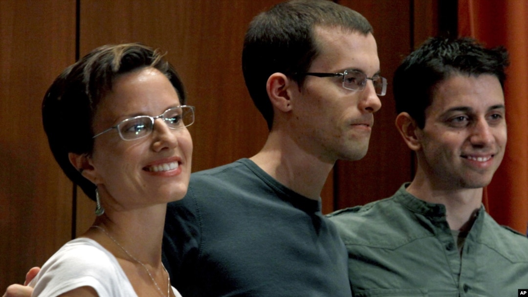 Sarah Shourd, Shane Bauer, and Josh Fattal at a news conference in New York following the men's release from Iranian detention late last week.