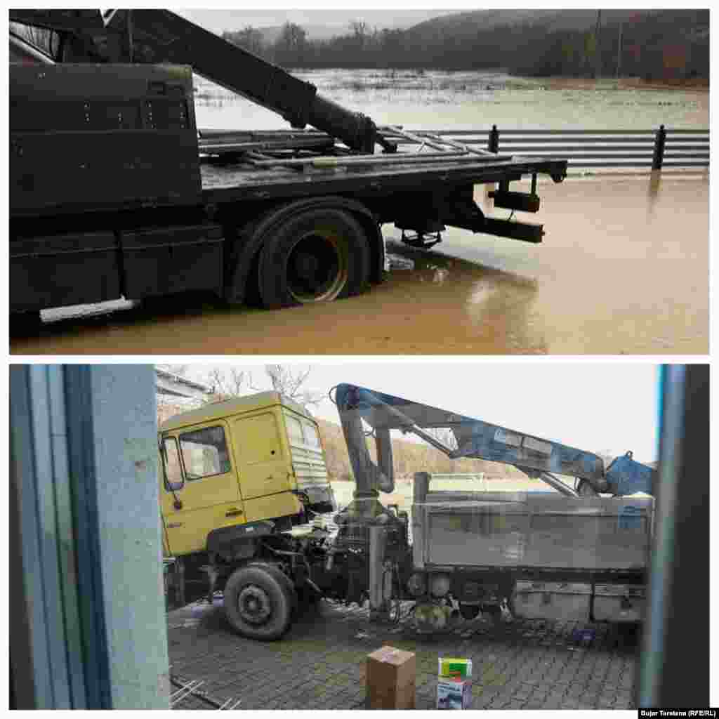 Një kamion gjatë vërshimeve të janarit në Volljakë të Klinës dhe pas largimit të ujit (fotografia poshtë) tri javë pas.