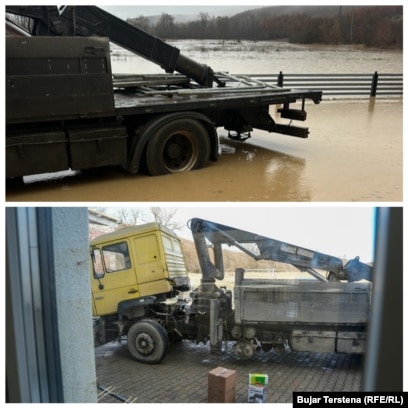 Një kamion gjatë vërshimeve të janarit në Volljakë të Klinës dhe pas largimit të ujit (fotografia poshtë) tri javë pas.