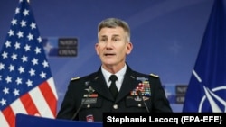 U.S. General John Nicholson holds a news conference after a North Atlantic Council (NAC) defense ministers meeting in Brussels on November 9.