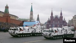 Russia -- Russian TOR-M2 tactical surface-to-air missile systems Arctic edition ride through Red Square during the Victory Day military parade in Moscow, May 9, 2017.