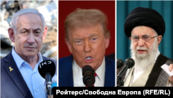Колаж със снимки на израелския премиер Бенямин Нетаняху, американския президент Доналд Тръмп и върховния лидер на Иран аятолах Али Хаменей