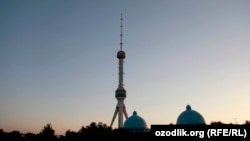 A television tower looms over a section of the Uzbek capital, Tashkent