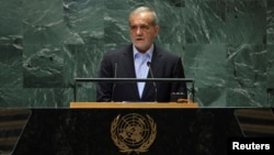 Iranian President Masud Pezeshkian addresses the 79th United Nations General Assembly in New York on September 24.