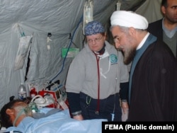 Hassan Rouhani head of Iran's security council at the time visiting a field hospital set up by the U.S. for victims of Bam earthquake in 2003. Photo Undated