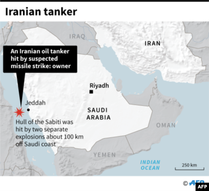 Map locating the site of an Iranian oil tanker, reportedly hit by missiles Friday according to the owners.