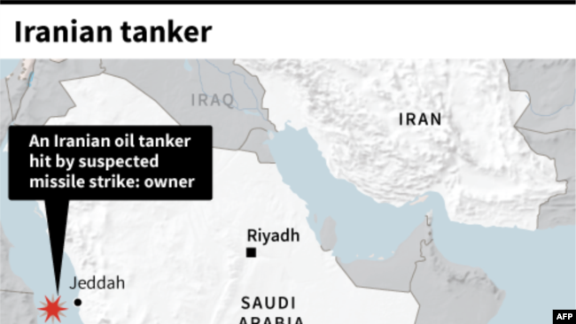 Map locating the site of an Iranian oil tanker, allegedly hit by missiles Friday according to the owners.