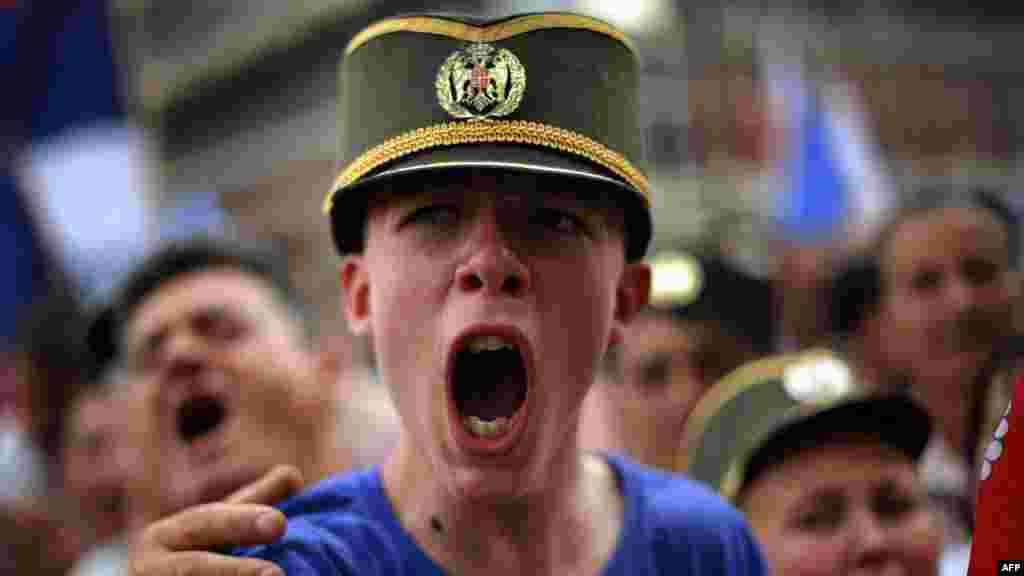 A supporter of the ultranationalist Serbian Radical Party shouts slogans during a campaign rally in Belgrade. (AFP/Dimitar Dilkoff)