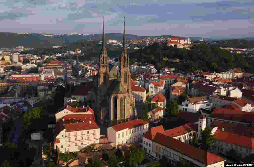 Brno, Czech Republic. The needle-sharp spires of the Cathedral of St. Peter and Paul dominate the skyline.