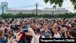 People gather in support of Sergei Furgal, the governor of the Khabarovsk region, in Khabarovsk on July 13.