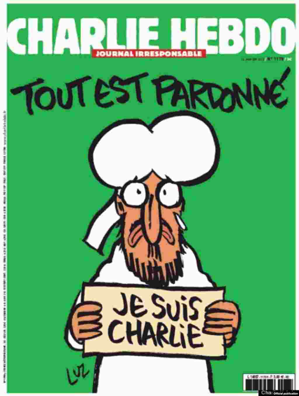 „Tout est pardoné” - primul număr „Charlie Hebdo” după atentatul din ianuarie 2015...